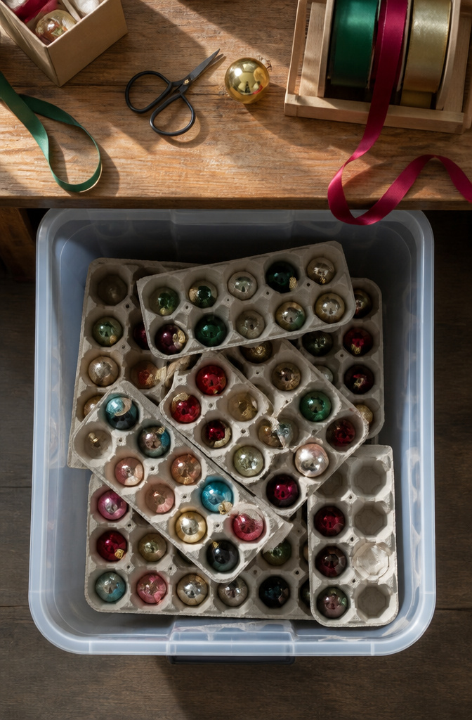 20 Clever Home Storage Ideas for Every Room in 2026 8 Egg cartons filled with glass Christmas ornaments stacked in a bin.