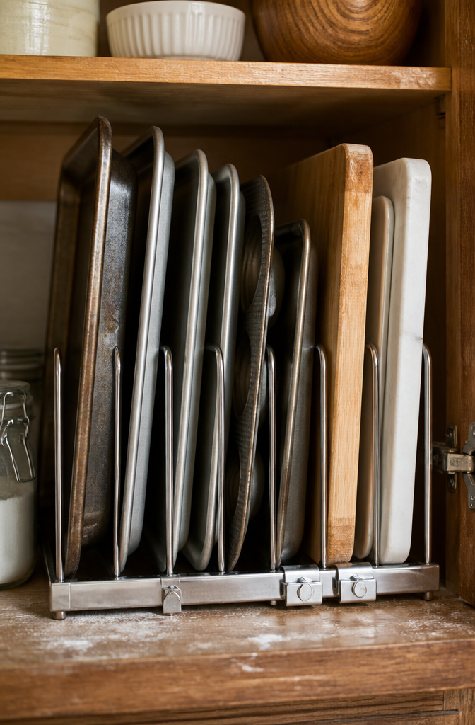 12 Apartment Kitchen Storage Ideas for Tight Spaces (2026) 8 An extendable bakeware rack organizing kitchen equipment.