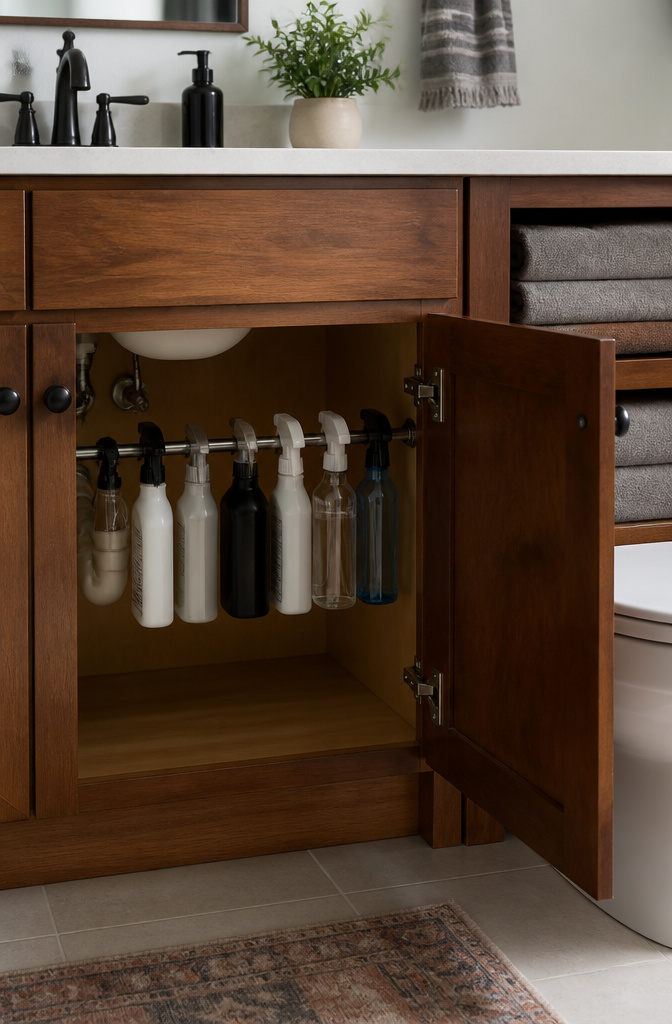 20 Small Bathroom Vanity Organization Ideas for 2026 8 Spray bottles hang from a tension rod inside a bathroom cabinet.