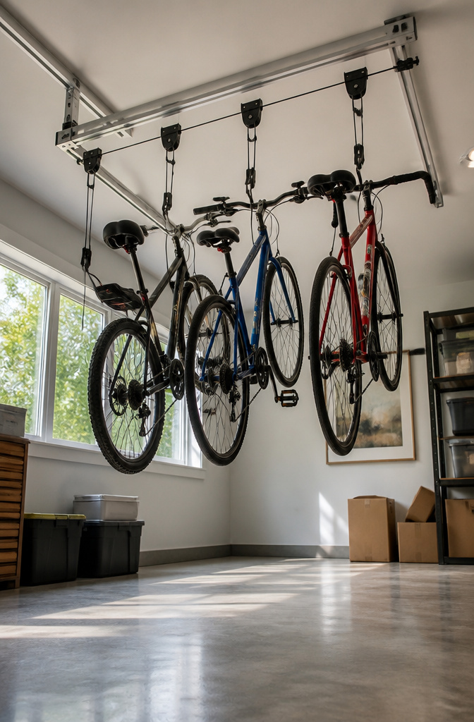 11 Eco-Friendly Bike Storage Ideas: Sustainable Ways to Store Your Bike (2026) 8 A ceiling-mounted bike rack with bikes suspended above.