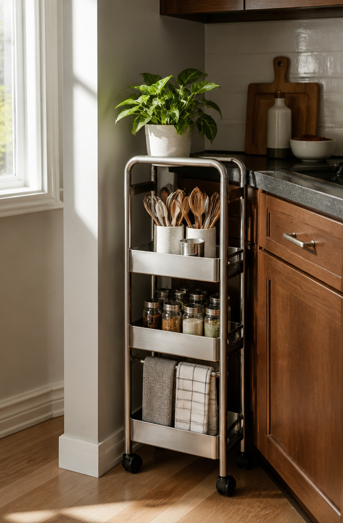 20 Small House Organization Ideas for a Tidier 2026 9 A three-tier rolling cart with kitchen utensils and spices.