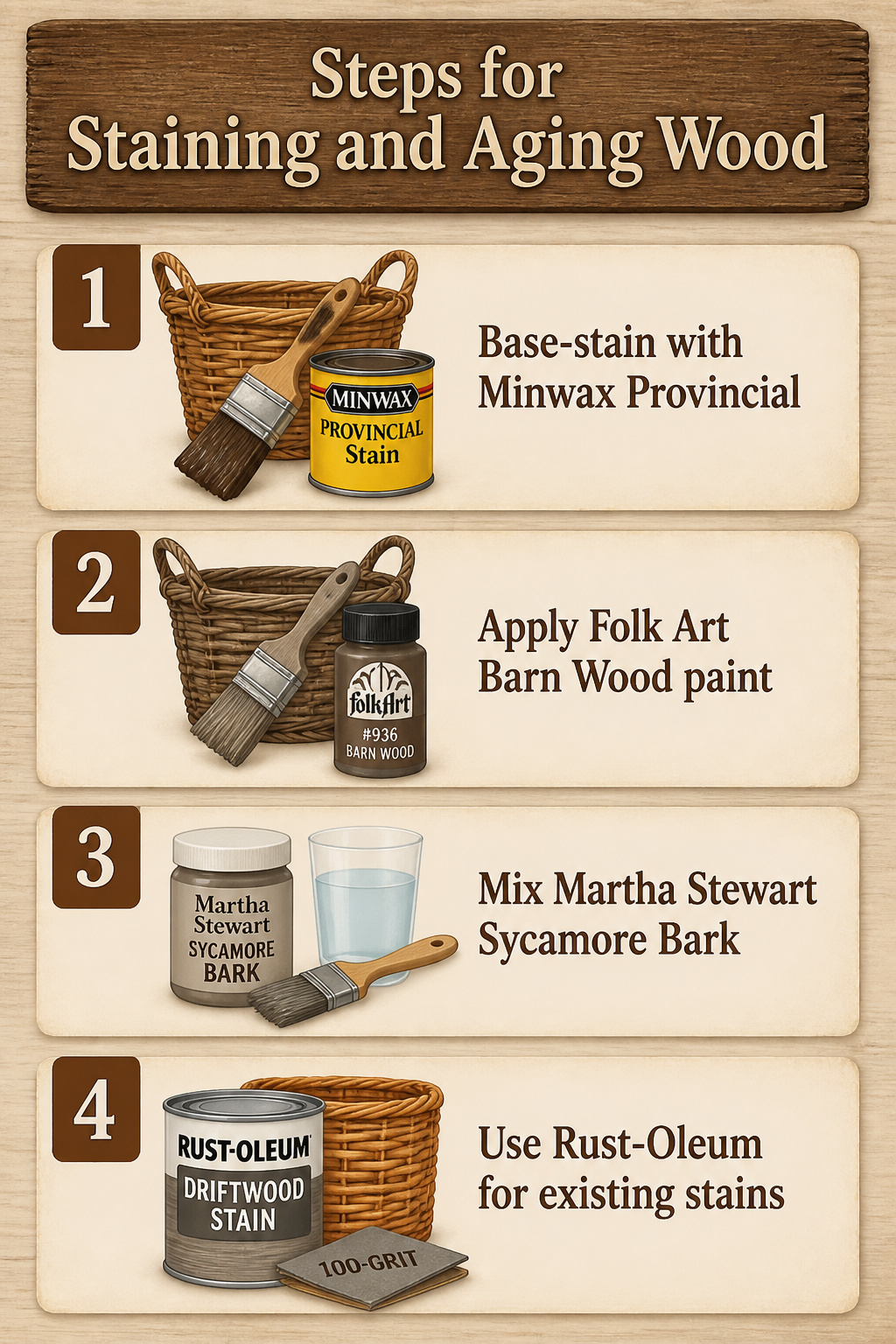 Instructions for staining and aging wood for baskets.
