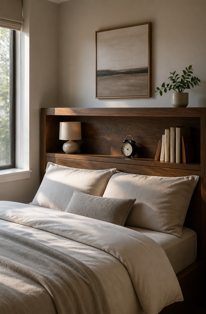 10 Small Bedroom Shelf Ideas for Tight Spaces 9 A headboard shelf with an alarm clock and a small lamp.