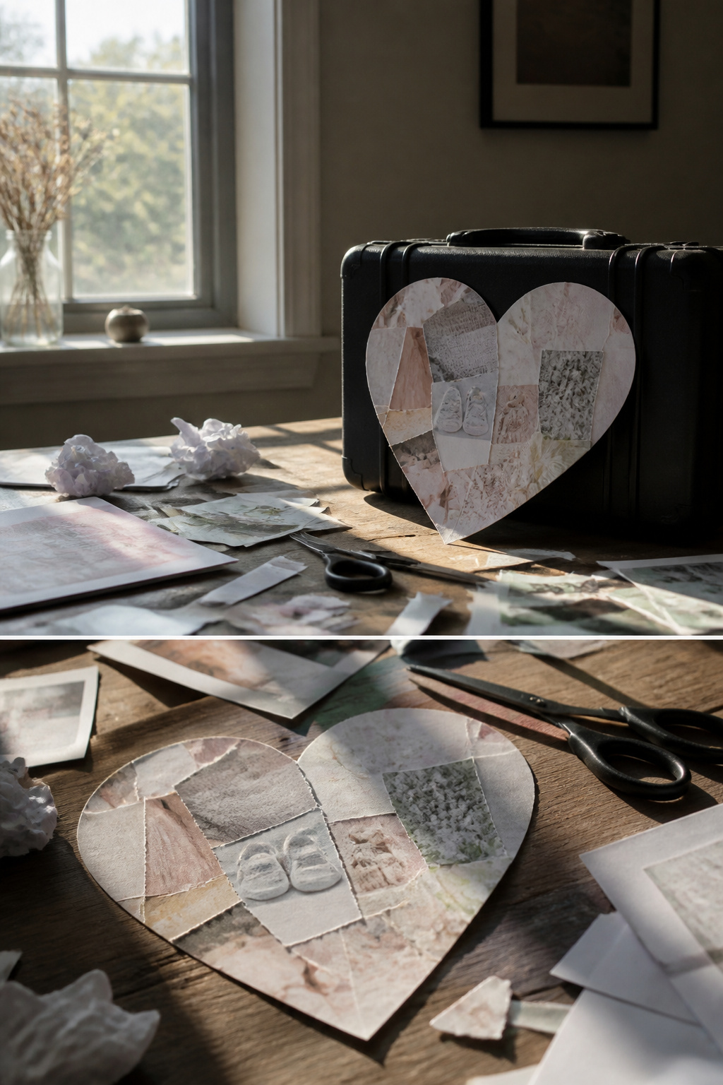 Baby Shower Card Heart Shaped Collage: Ideas for 2026 9 A damaged heart-shaped collage showing misaligned and curled photos.