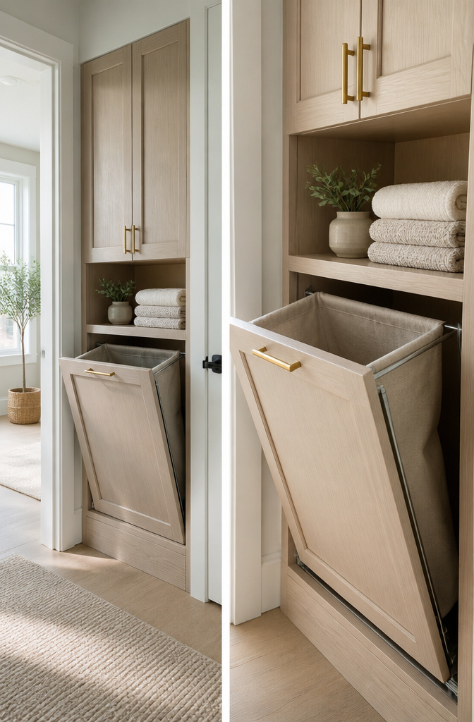 18 Wall Closet Ideas for Better Storage and Design in 2026 9 Tilt-out laundry hamper in a closet for dirty clothes.
