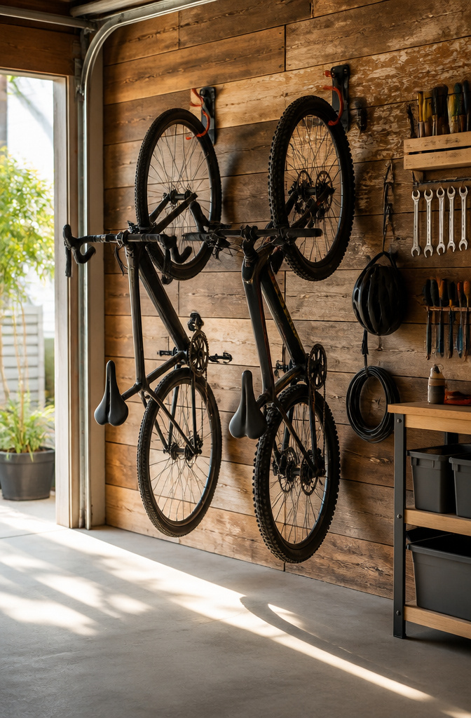 11 Eco-Friendly Bike Storage Ideas: Sustainable Ways to Store Your Bike (2026) 9 Two bikes hanging on wall-mounted hooks.