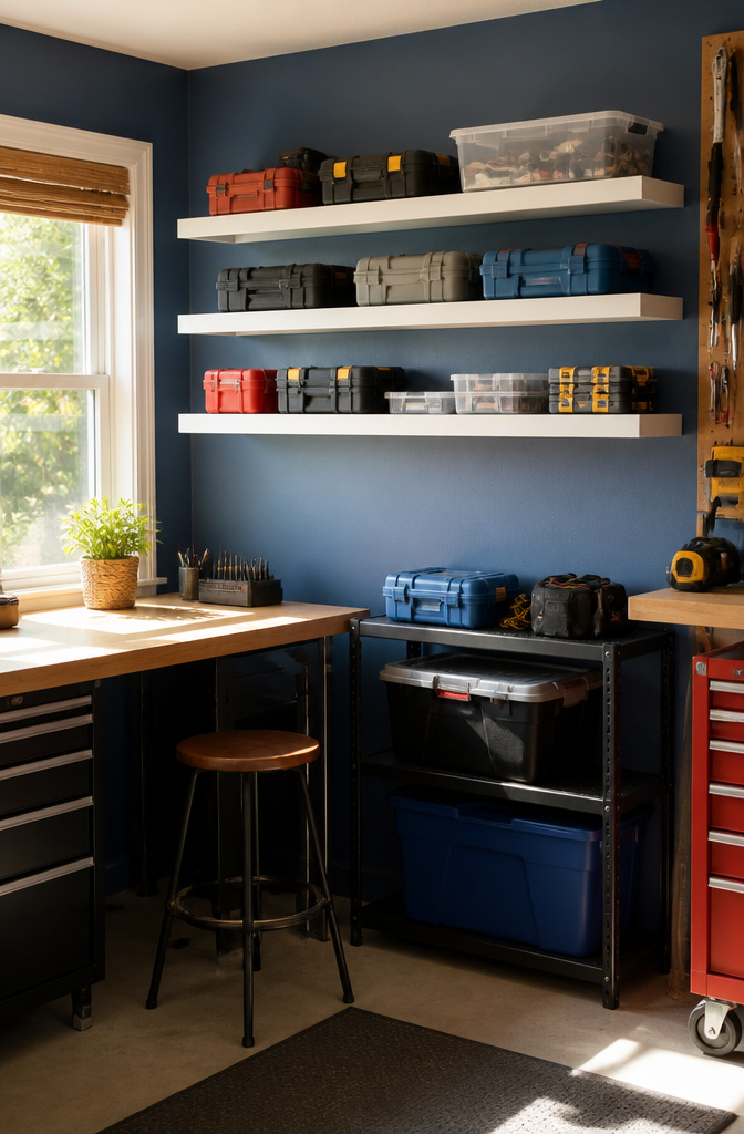 10 DIY Backyard Storage Ideas for Benches, Walls, and Sheds 9 Narrow white shelves filled with tools and parts in a garage.