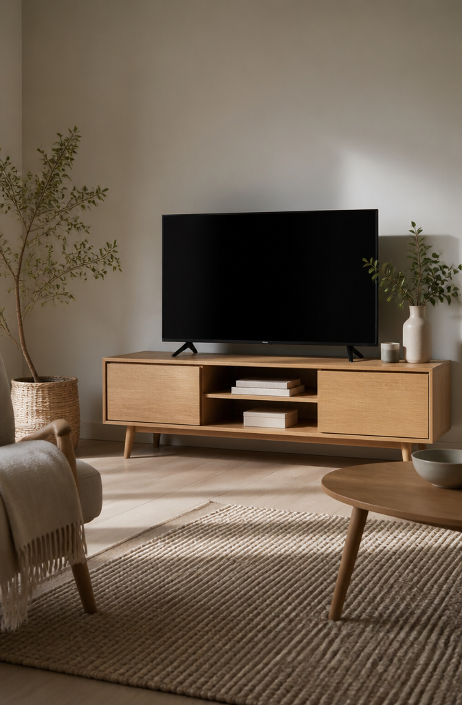 20 TV Cabinet Ideas That Blend Storage, Style and Smart Design 9 A Scandinavian minimal TV stand in light oak displaying books and decor.