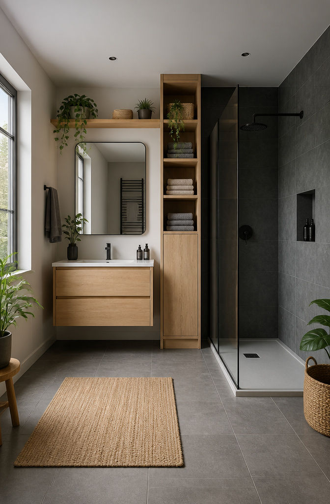 Narrow bathroom featuring a tall cabinet between the vanity and shower.