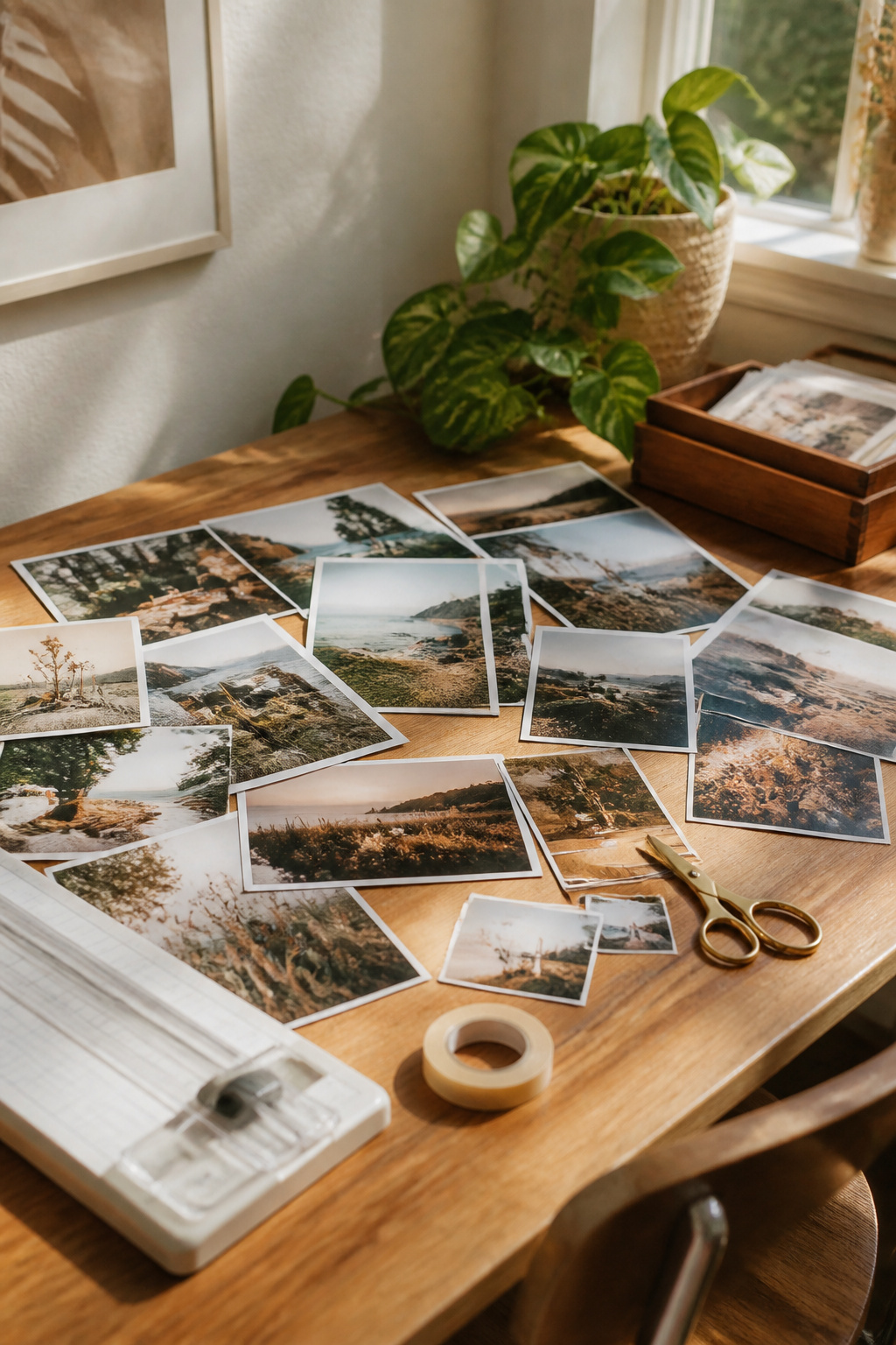 An assortment of selected photo prints in varying sizes on a table.