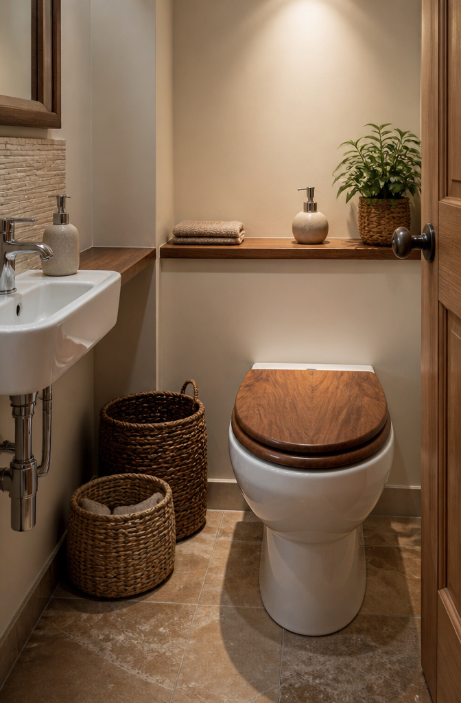 12 Downstairs Toilet Ideas for 2026: Fresh Research on Design 9 Bathroom featuring a wooden toilet seat and woven storage baskets.