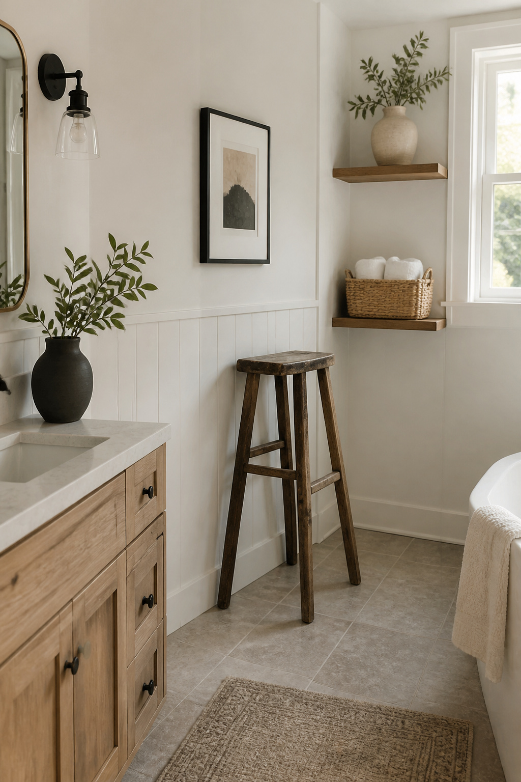 Standard Builder Grade Bathroom Light to Modern Farmhouse Makeover 9 A corner of a farmhouse bathroom with rustic decor elements.