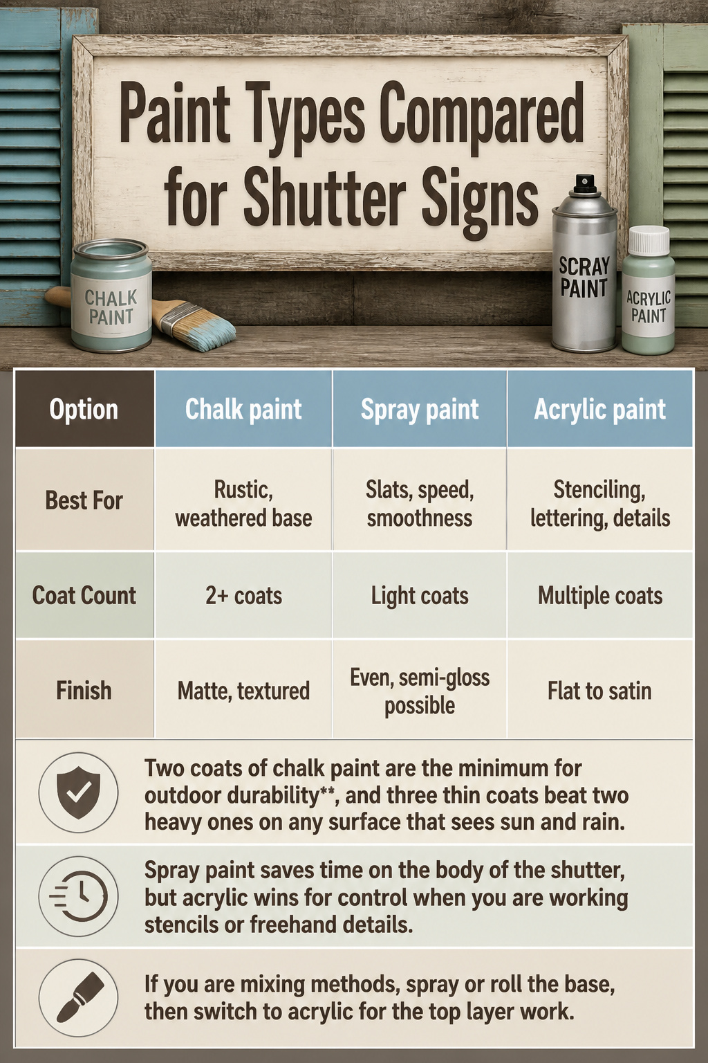A comparison chart of different paint types for shutter signs.