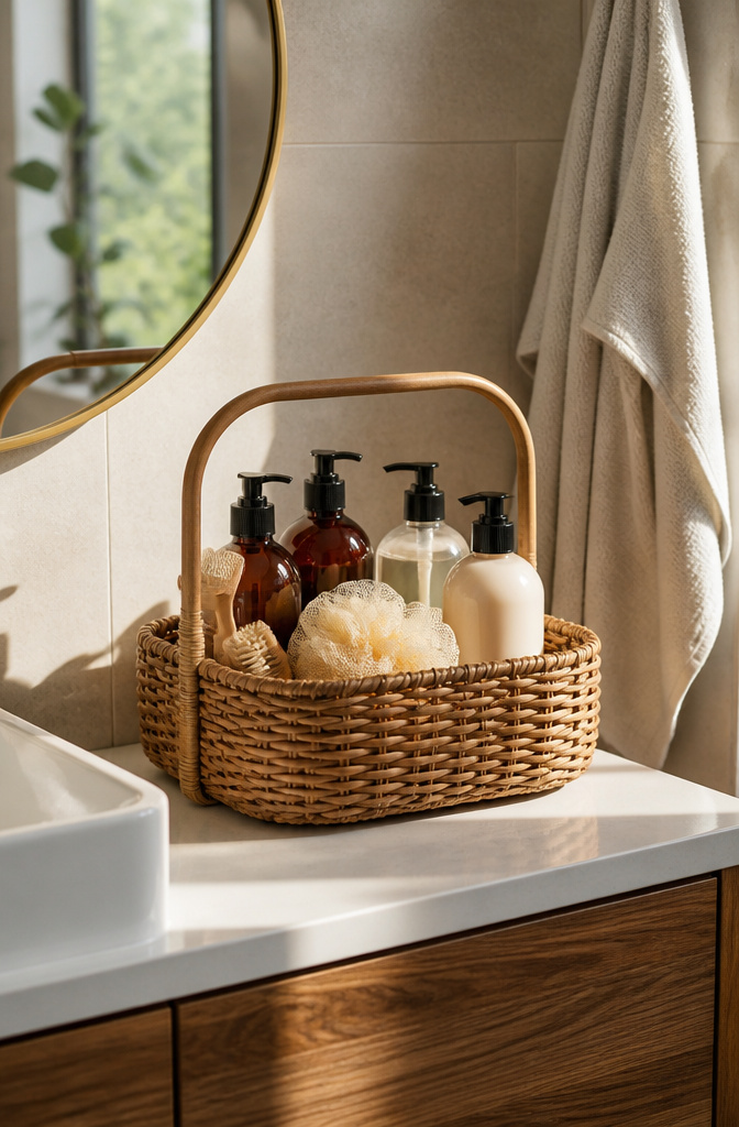 20 Small Bathroom Vanity Organization Ideas for 2026 9 A shower caddy filled with toiletries sits on a bathroom counter.