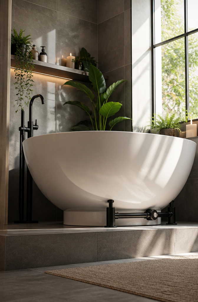 10 Bathroom with Bathtub Ideas for Every Style and Space 9 A bowl-shaped tub elevated above the floor in a stylish bathroom design.