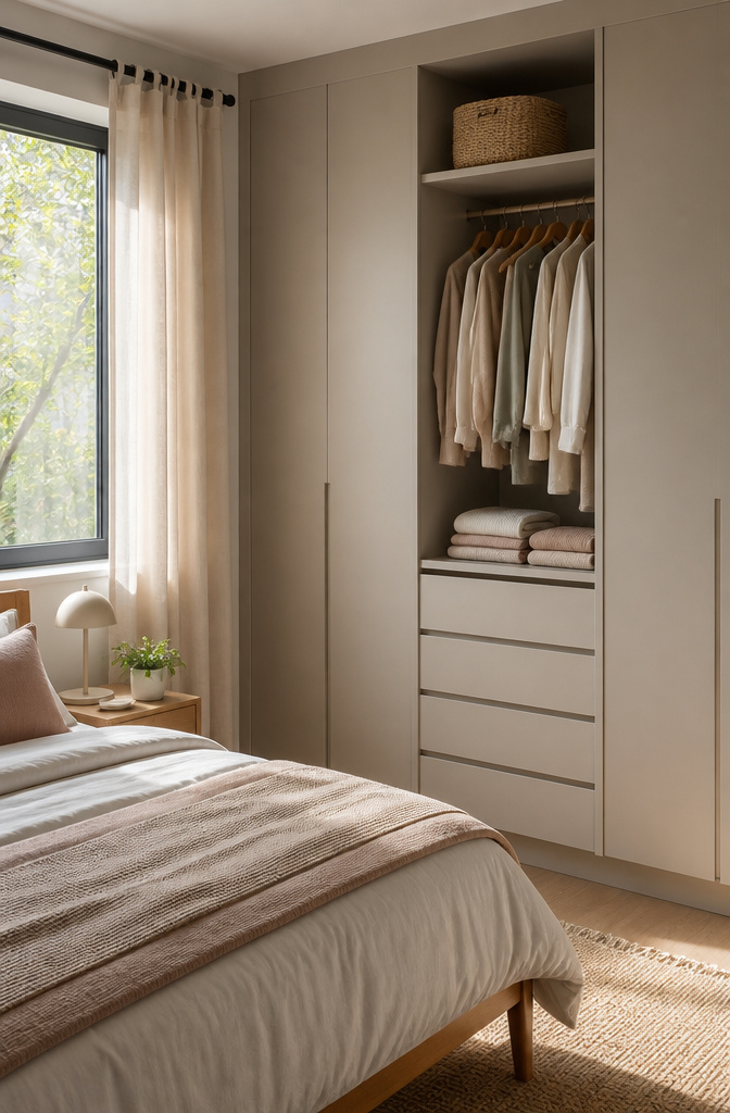 10 Small Bedroom Wardrobe Ideas for Space-Smart Storage in 2026 9 A wardrobe featuring built-in drawers in a cozy bedroom.