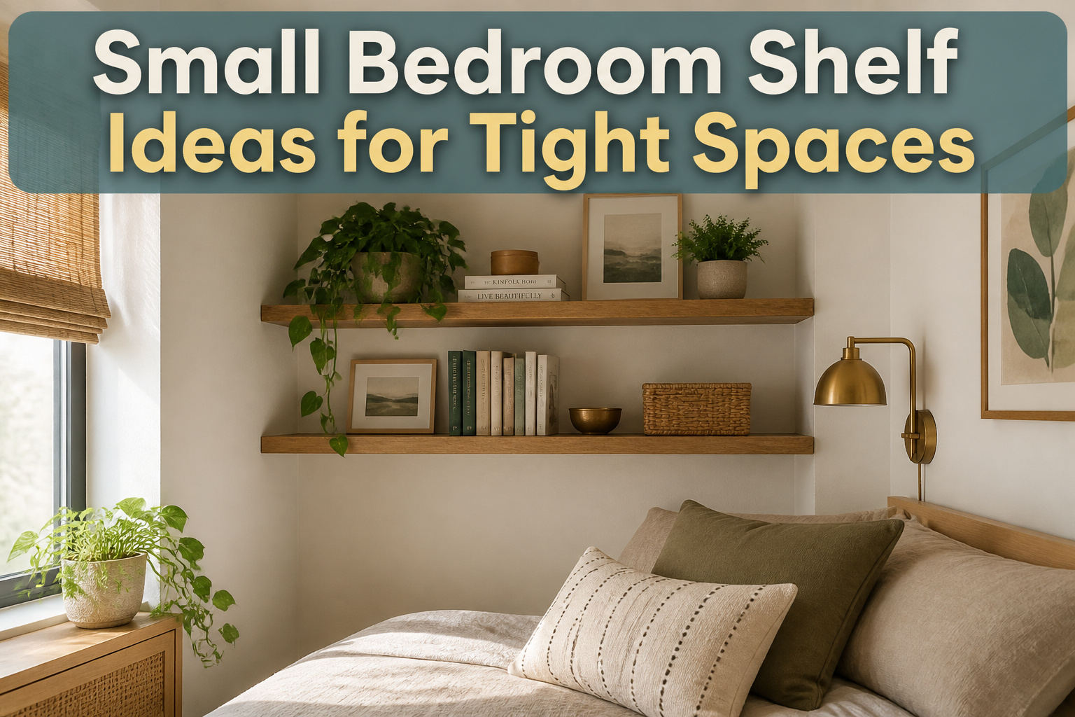 A small bedroom with various shelf ideas for storage and decoration.