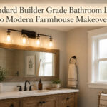 A modern farmhouse bathroom with light colors and rustic decor.