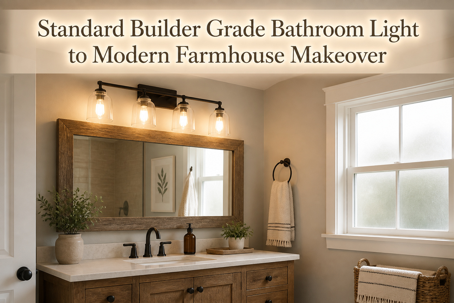 A modern farmhouse bathroom with light colors and rustic decor.