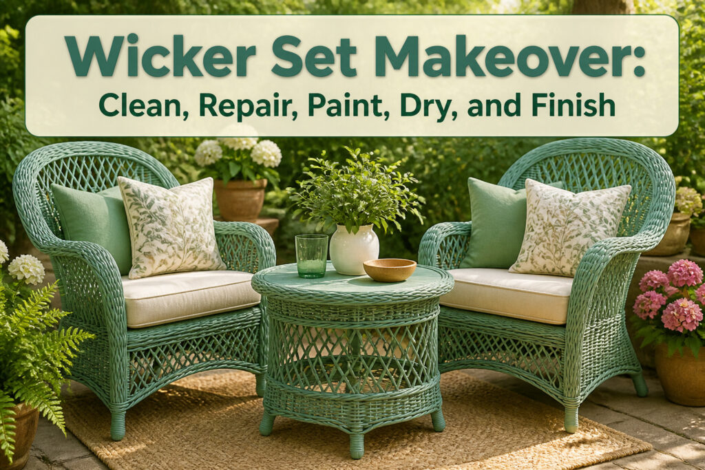 Restored wicker furniture set displayed outdoors with vibrant paint.