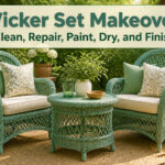 Restored wicker furniture set displayed outdoors with vibrant paint.