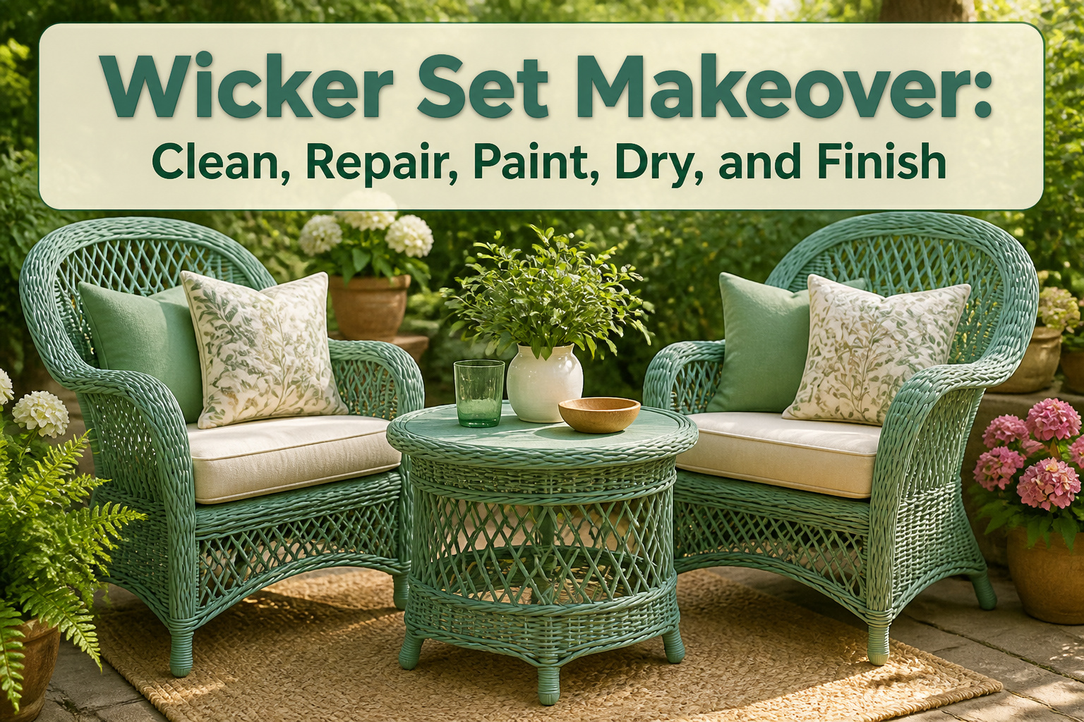 Restored wicker furniture set displayed outdoors with vibrant paint.