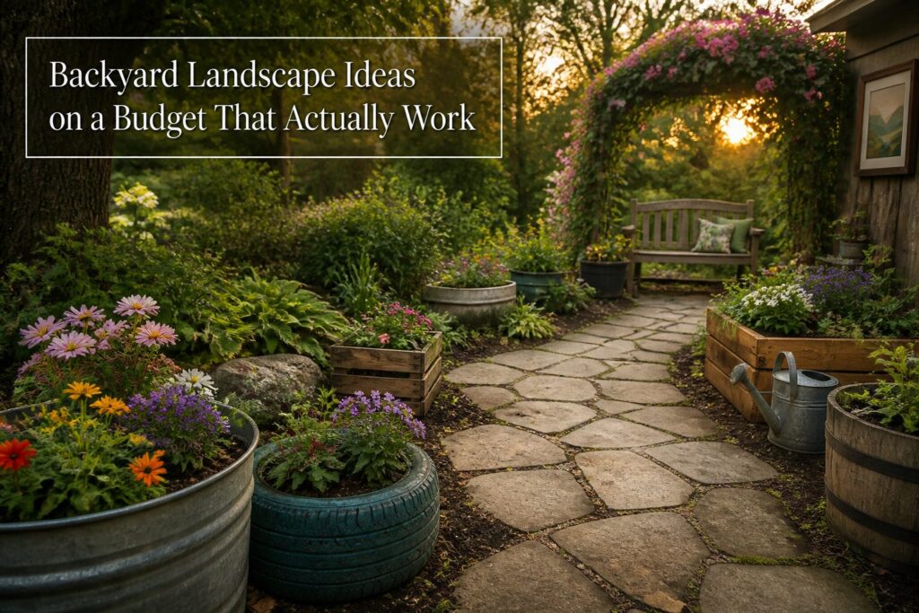 A colorful backyard featuring plants, decorations, and outdoor furniture.