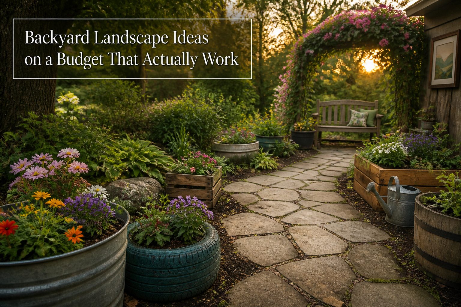A colorful backyard featuring plants, decorations, and outdoor furniture.