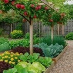 A wooden raised garden bed overflowing with various green and red leafy vegetables under an apple tree.