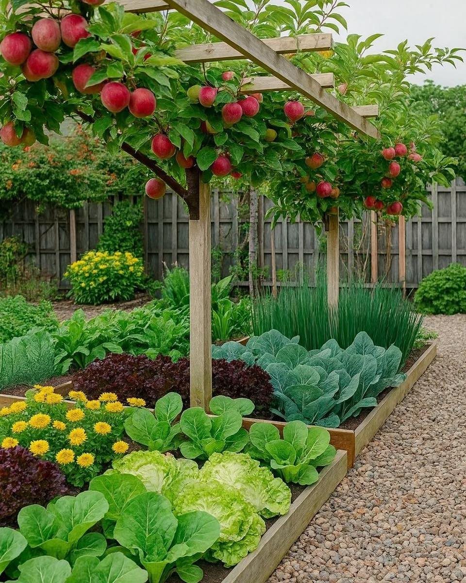 A wooden raised garden bed overflowing with various green and red leafy vegetables under an apple tree.
