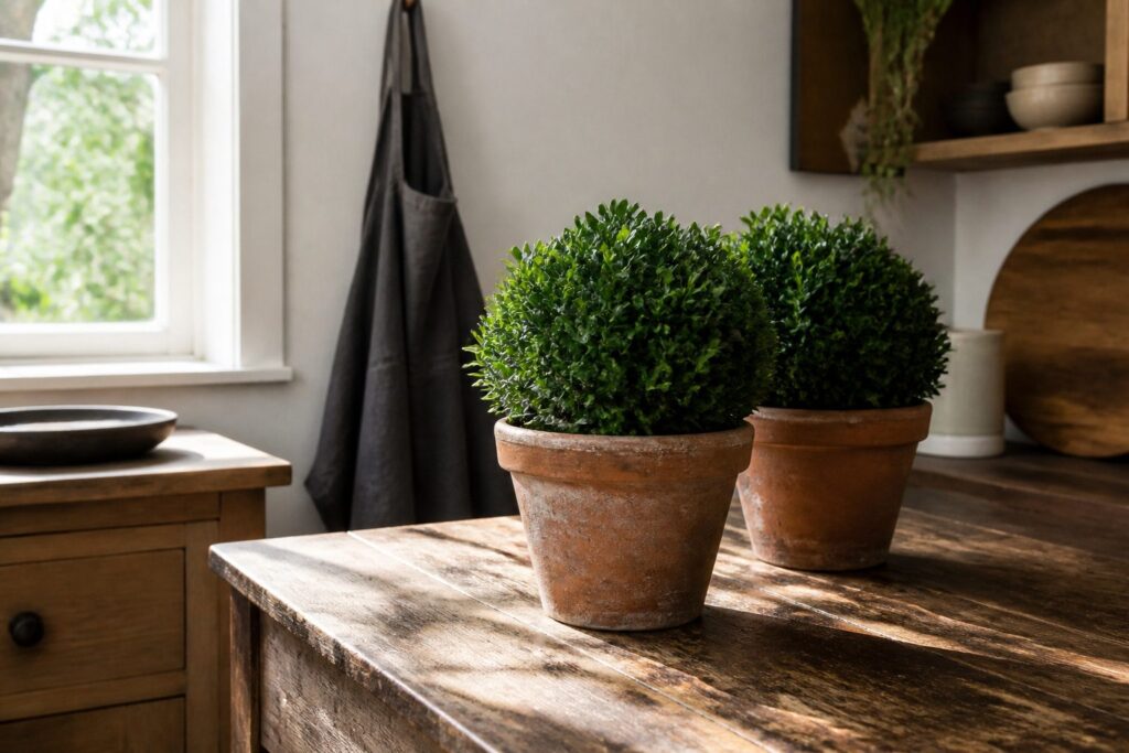 A healthy boxwood plant in a decorative pot with green leaves.