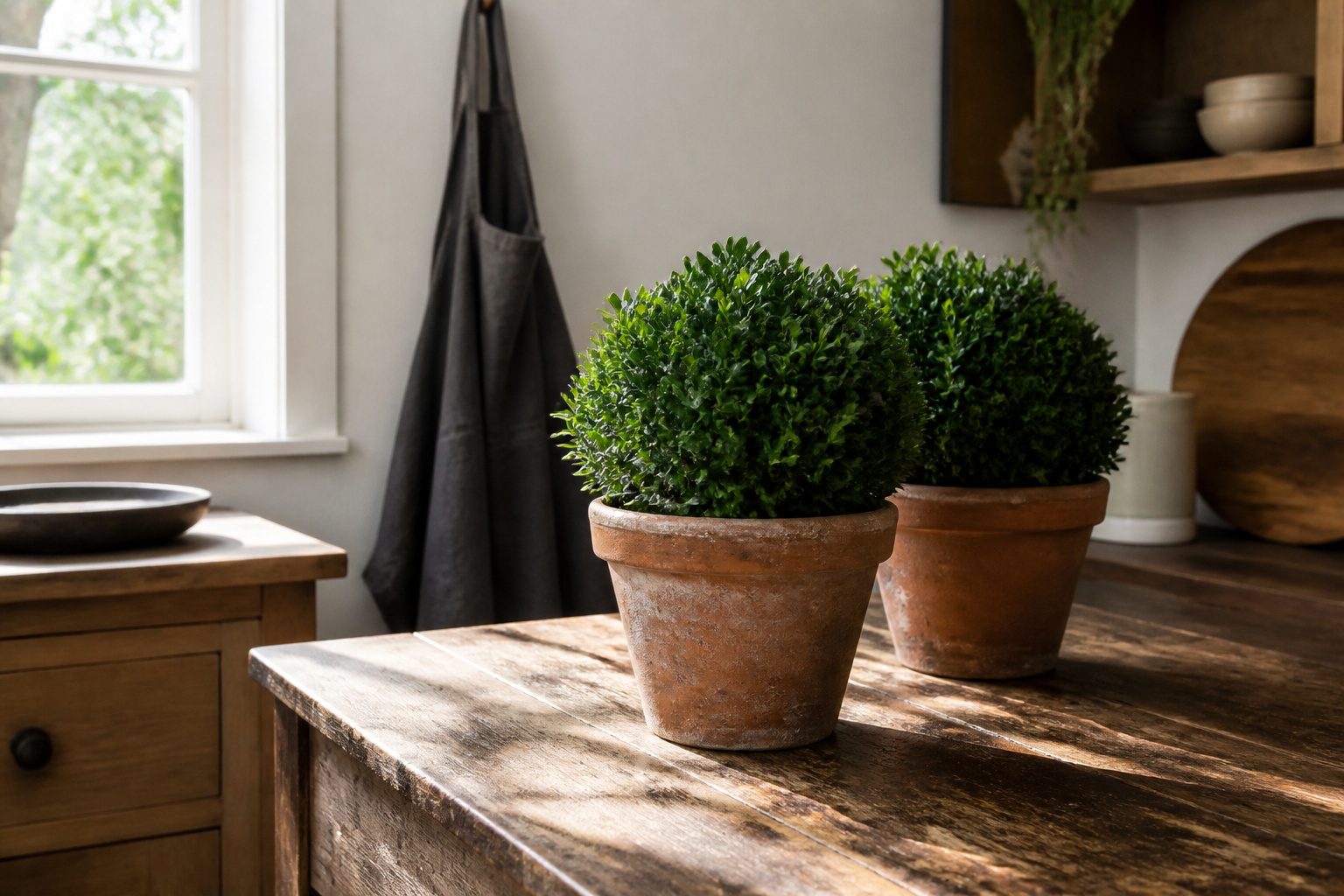 A healthy boxwood plant in a decorative pot with green leaves.