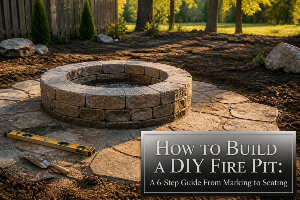 A fire pit with seating and decorations in a backyard setting.