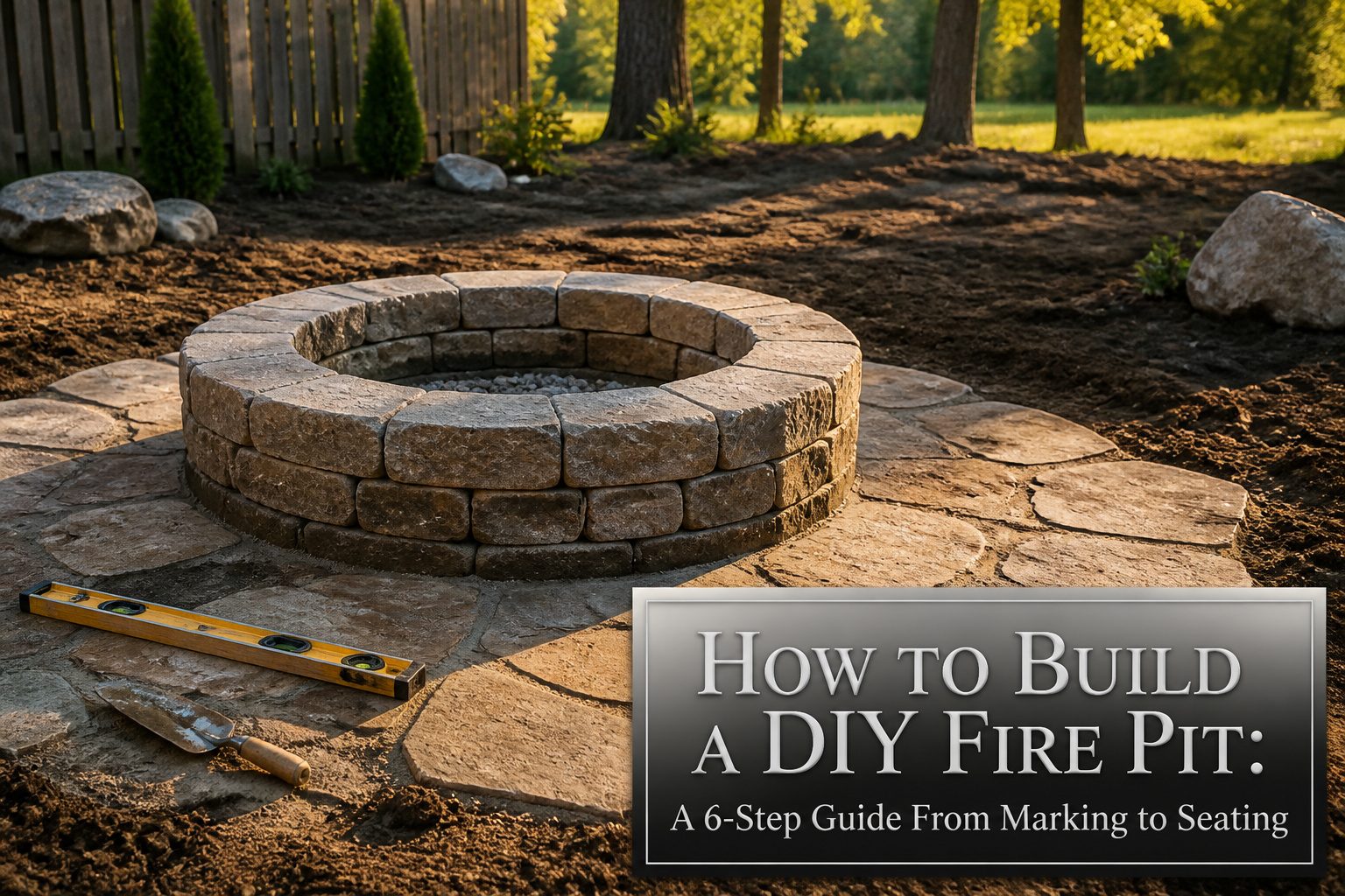 A fire pit with seating and decorations in a backyard setting.