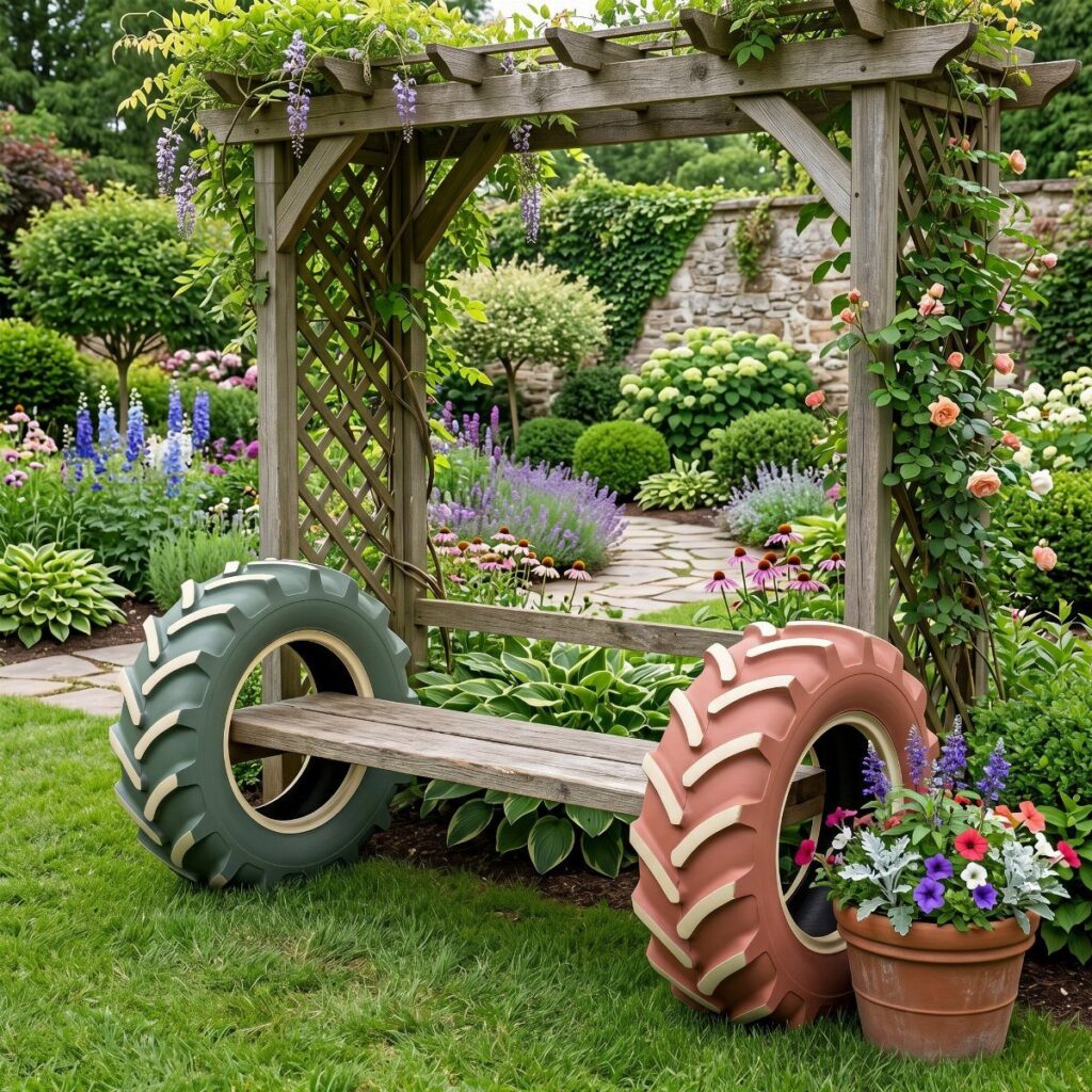 A unique garden bench constructed from two large tractor tires and a wooden plank.