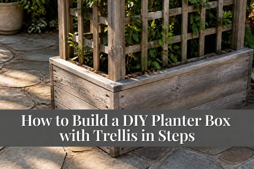 A finished planter box with a trellis filled with plants.