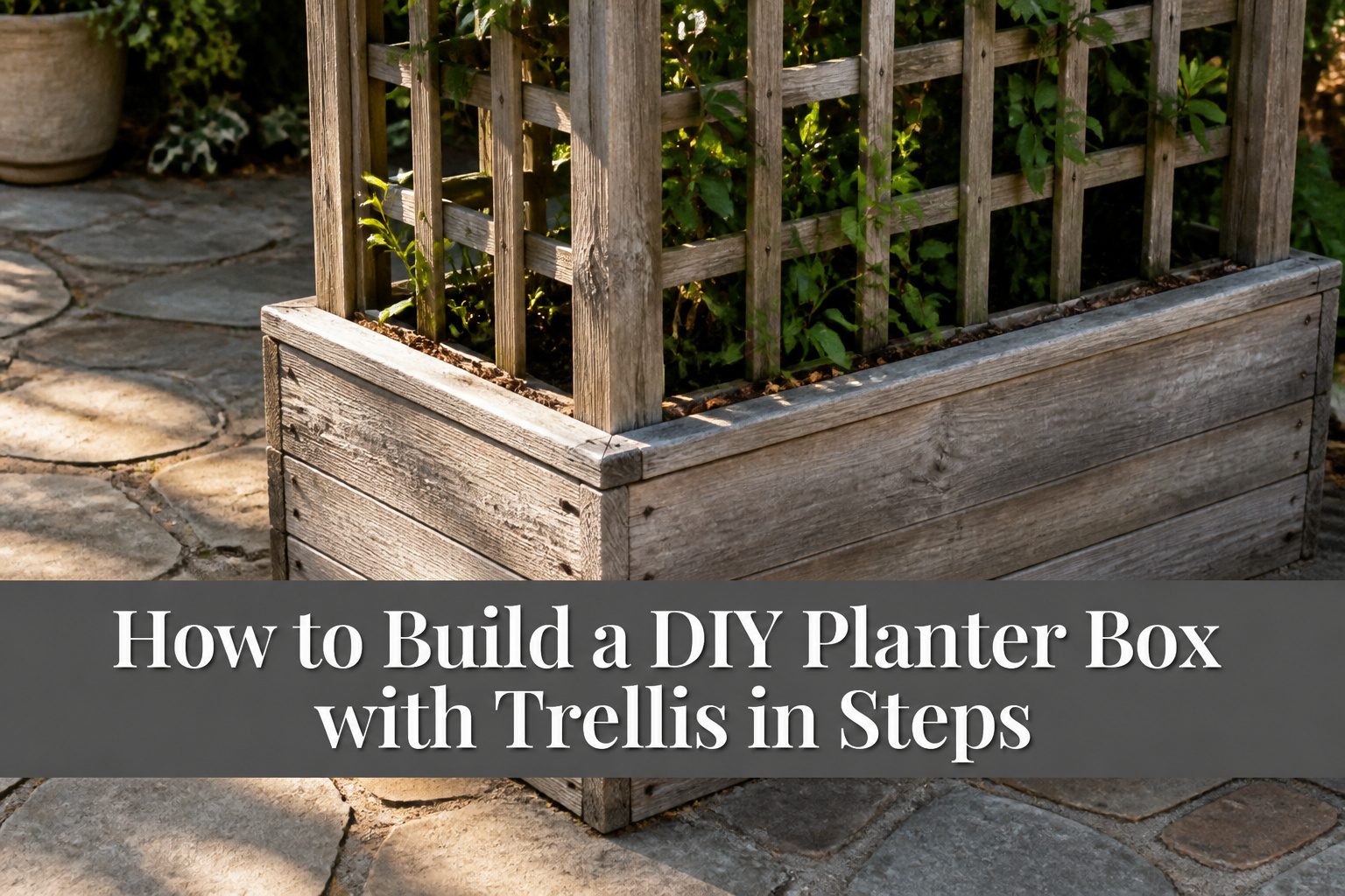 A finished planter box with a trellis filled with plants.
