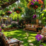 A vibrant backyard garden with hanging flower baskets, a wooden bench, and stepping stones on a green lawn.