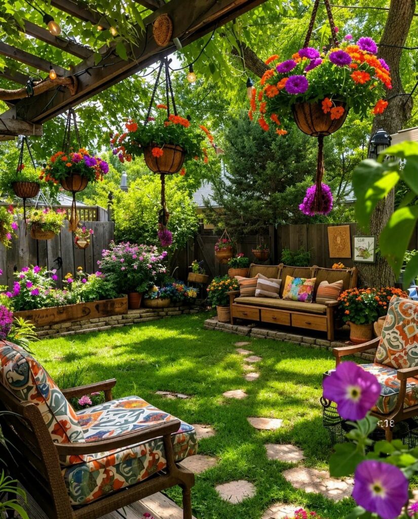 A vibrant backyard garden with hanging flower baskets, a wooden bench, and stepping stones on a green lawn.