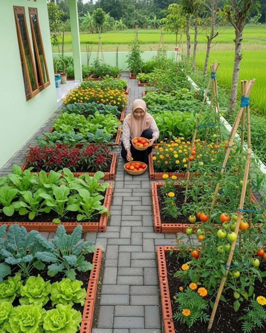 A woman kneeling in a garden path holding a bowl of harvested tomatoes near raised vegetable beds.