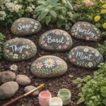 Painted stones labeled with herb names like Sage and Basil resting in a garden bed among greenery.
