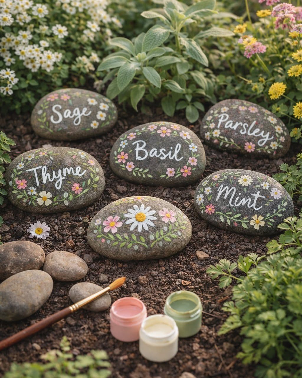 Painted stones labeled with herb names like Sage and Basil resting in a garden bed among greenery.