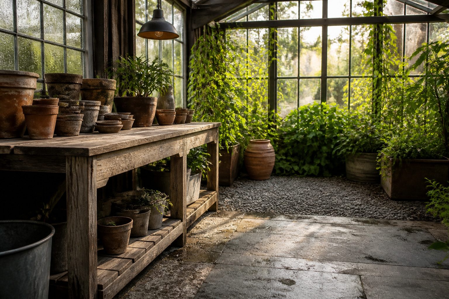 A vibrant greenhouse with plants, shelving, and natural light.