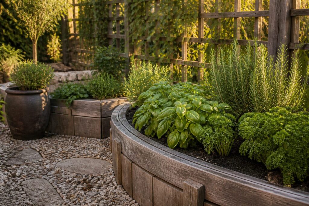 An outdoor herb garden with various herbs growing in sunlight.