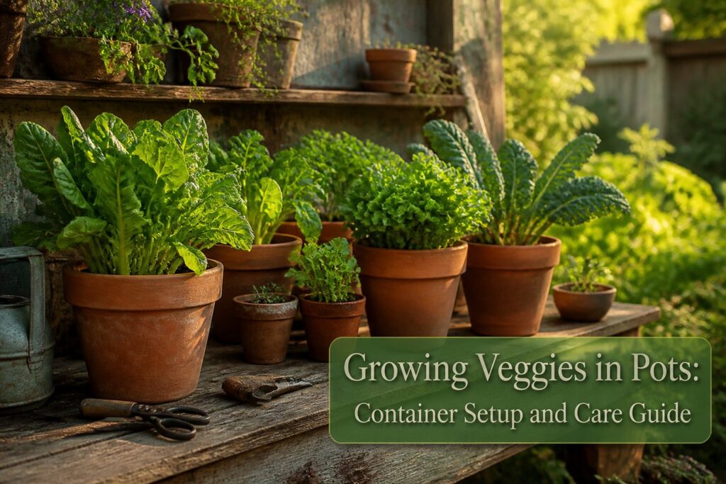 A variety of potted vegetables arranged in a garden setting.