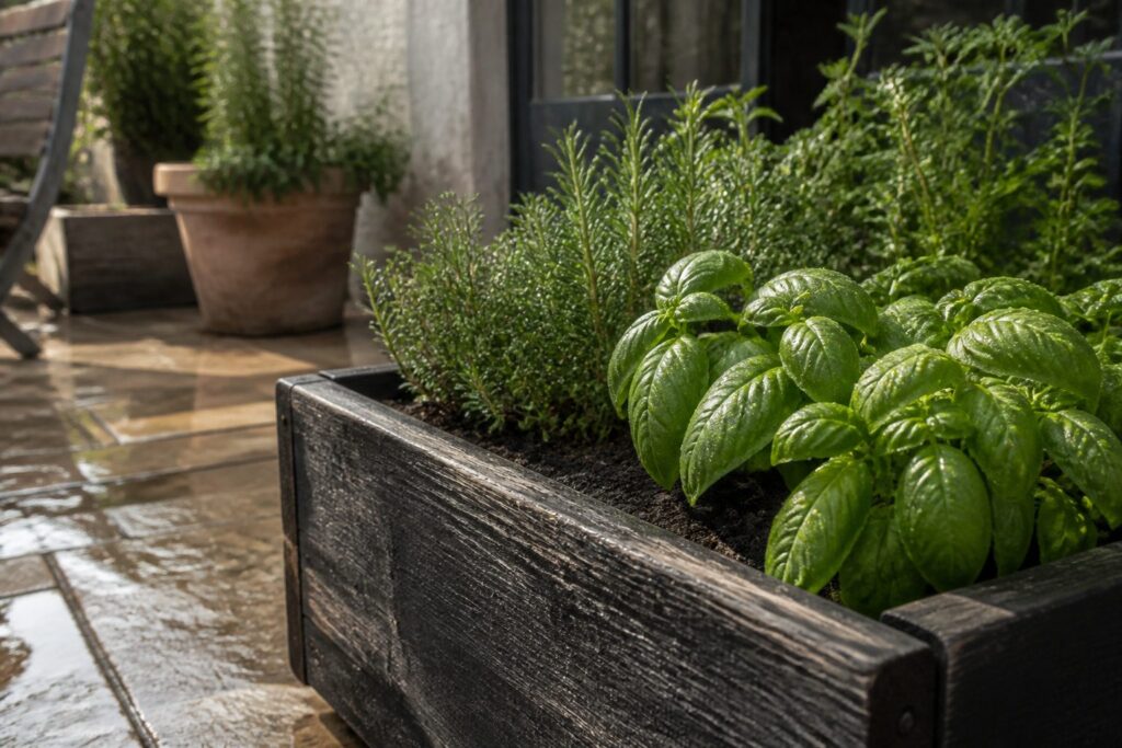 Various herb planter boxes made from wood, ceramic, and plastic.
