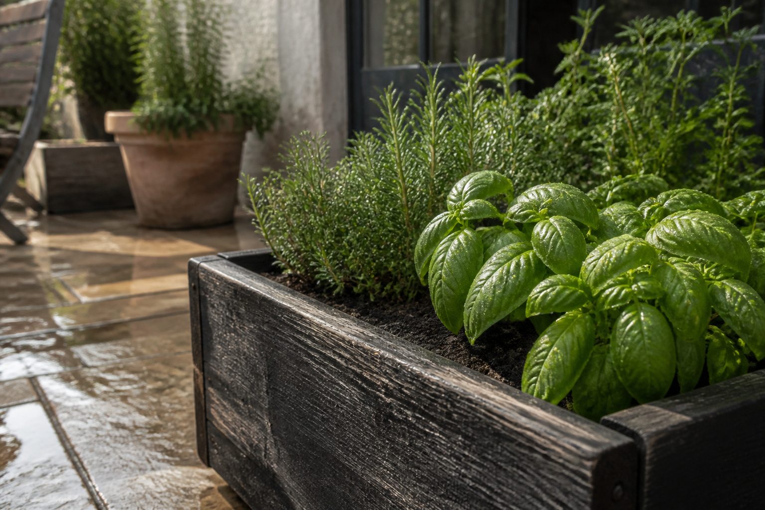 Various herb planter boxes made from wood, ceramic, and plastic.