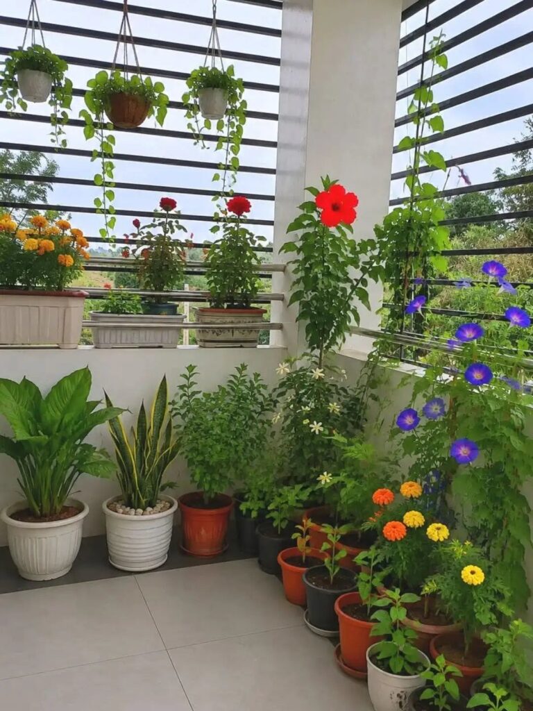 Various potted plants and hanging baskets decorate a balcony with a slatted railing and tiled floor.