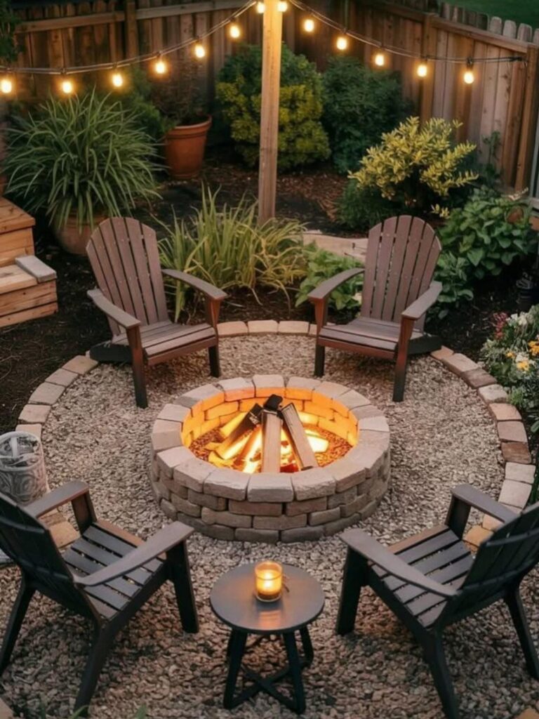 A stone fire pit with burning logs surrounded by wooden Adirondack chairs on gravel.