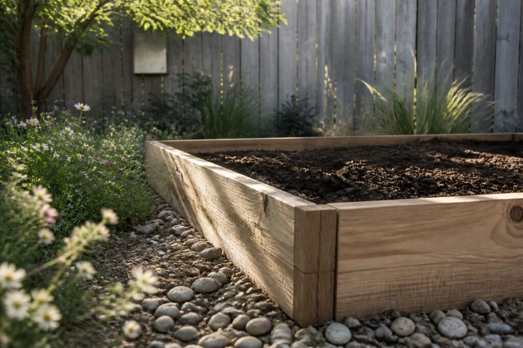 A raised garden bed filled with soil, ready for planting.